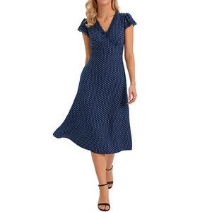 Women's Polka Dots Dress 1950s Vintage Lace Trim V Neck Midi Dress Navy Blue